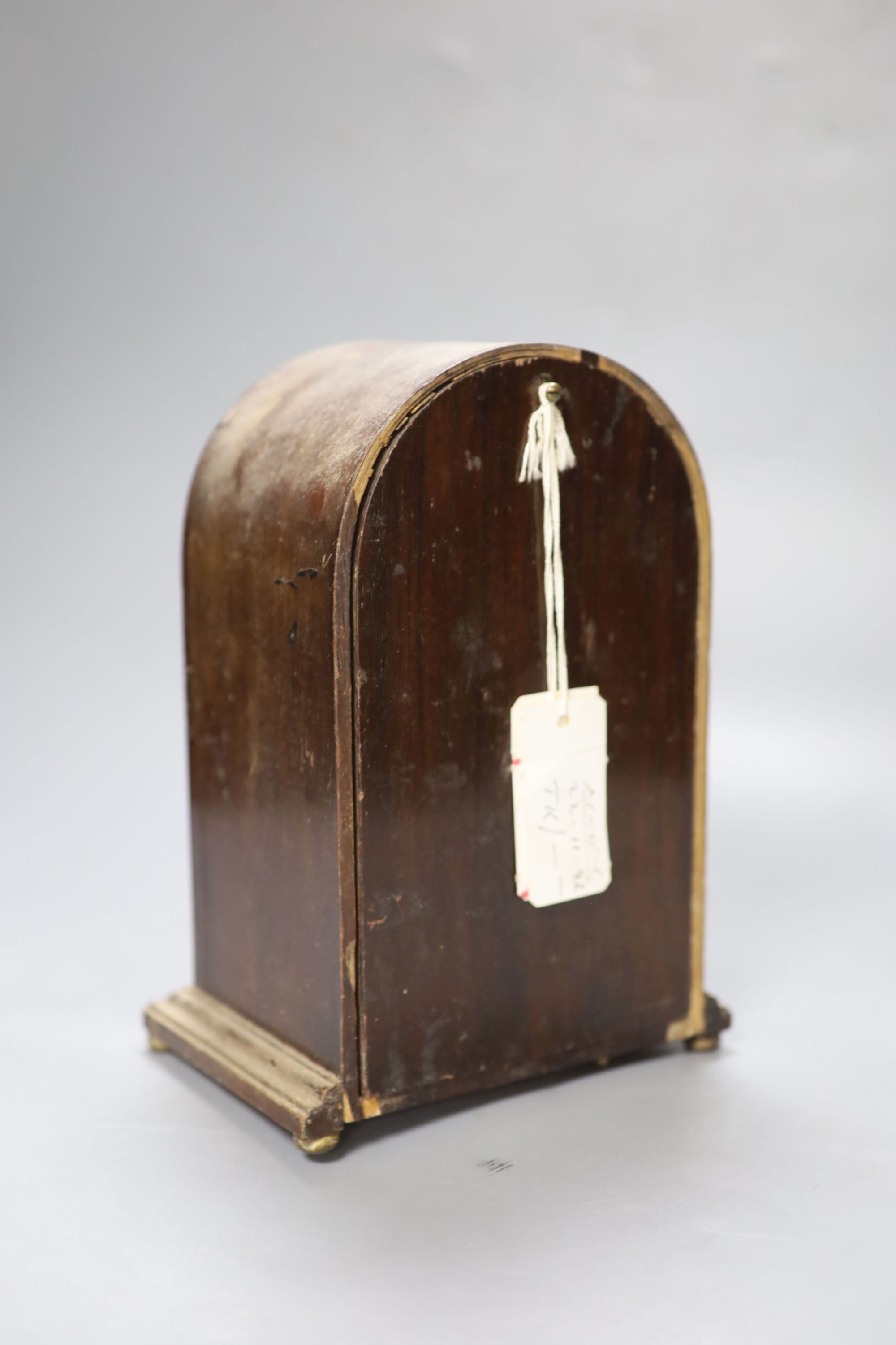 A Bulle electric inlaid mahogany arched mantel clock, height 22cm